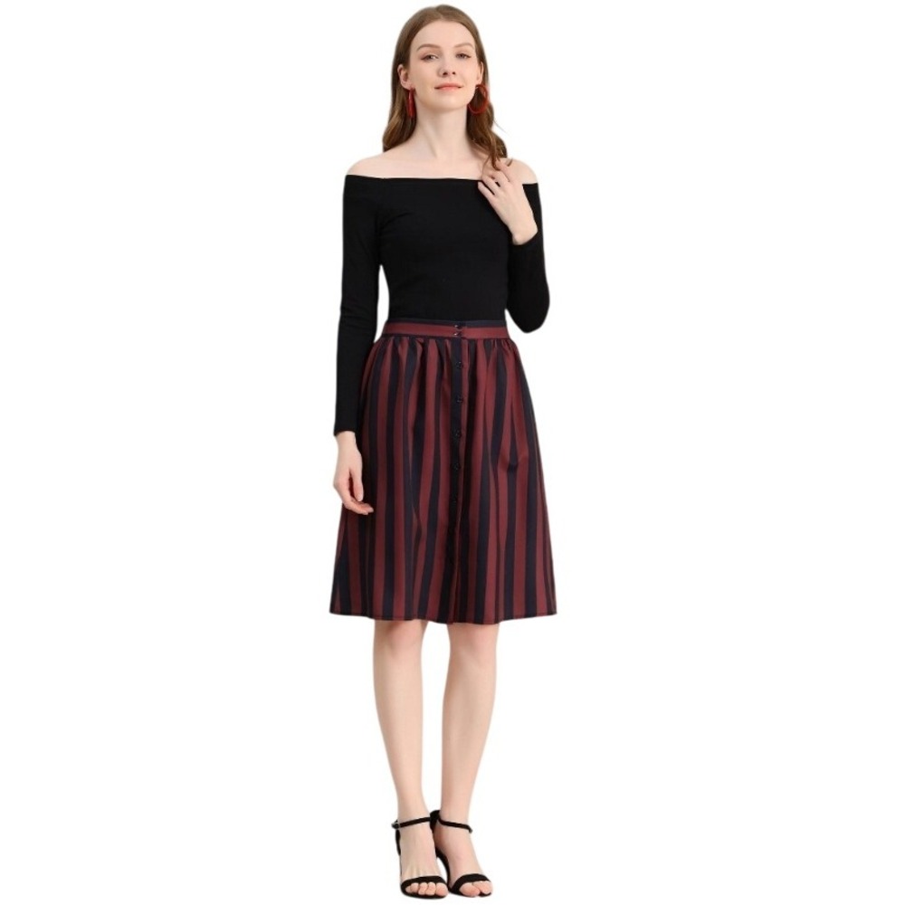 Allegra K Striped A Line Midi Flirty Skirt Button Front Burgundy Black S NWT
